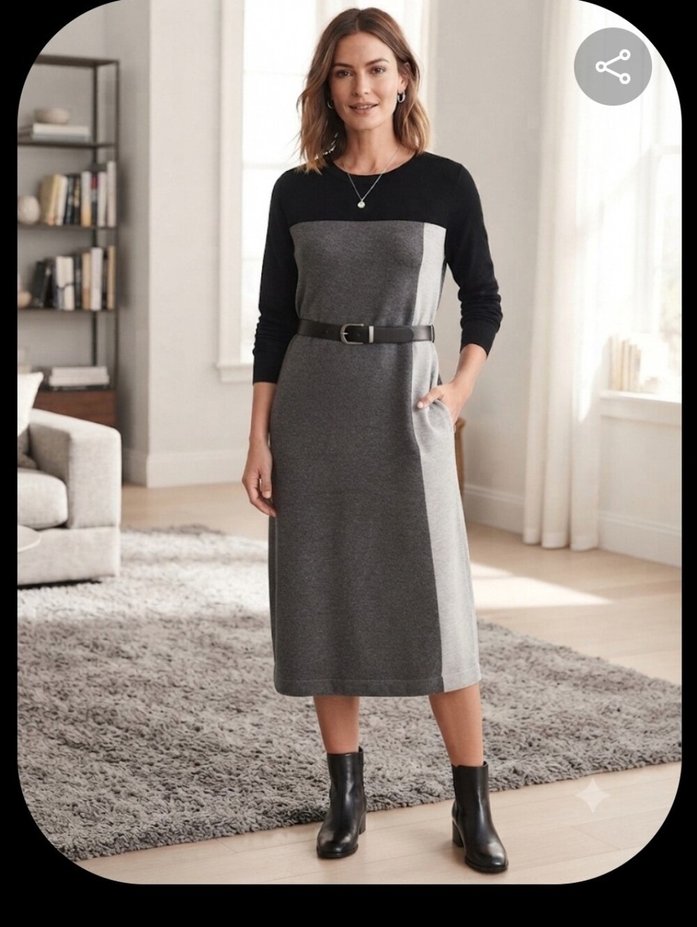 INC International Concepts Black and Gray Colorblock Midi Knit Dress .no pockets